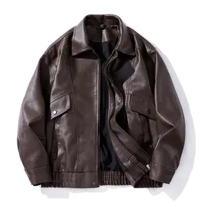 Men's autumn and winter casual synthetic leather bomber jacket, fashionable modern motorcycle flight jacket, leather jacket, casual loose soft motorcycle jacket, lapel button zipper long sleeved jacket with pockets, PU leather jacket
