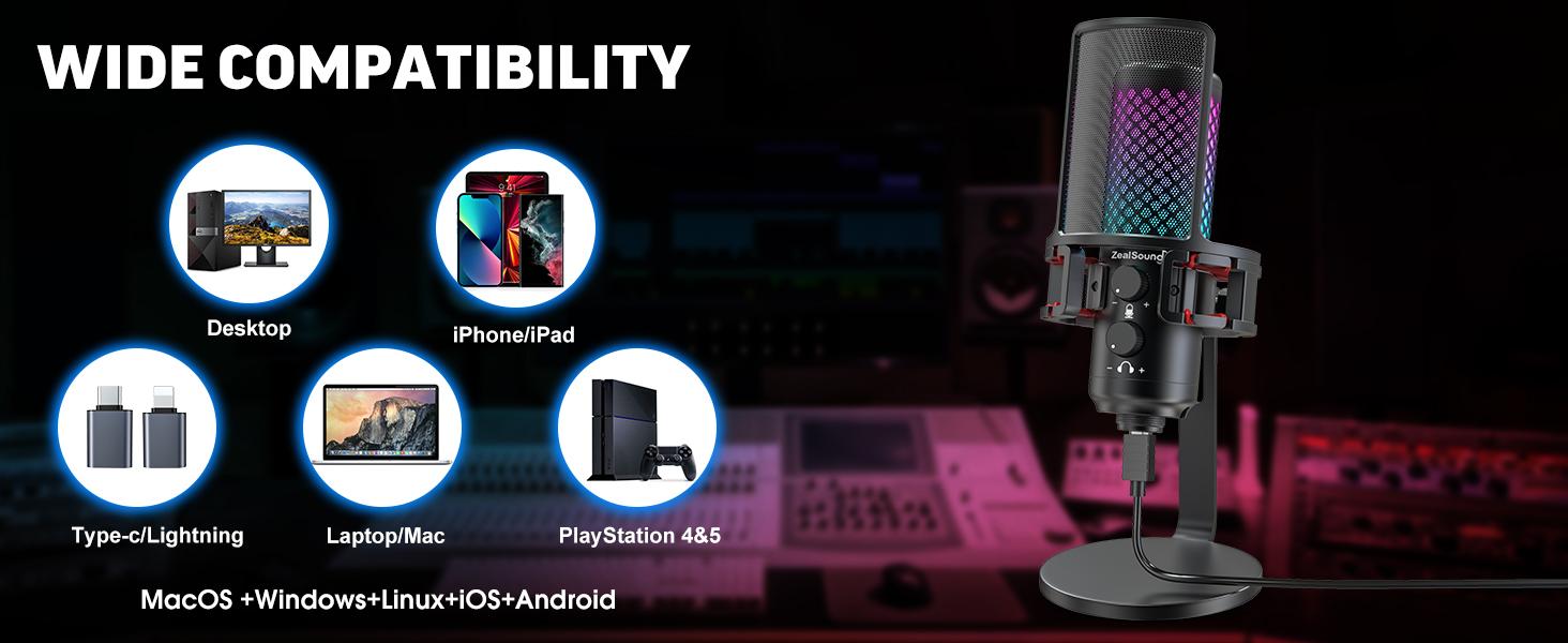 ZealSound USB RGB Microphone for iPhone iPad Phone PC,RGB Gaming Microphone with Full Metal,Mute,Pop Filter,Gain for Podcasting,Streaming,YouTube,Voice Over