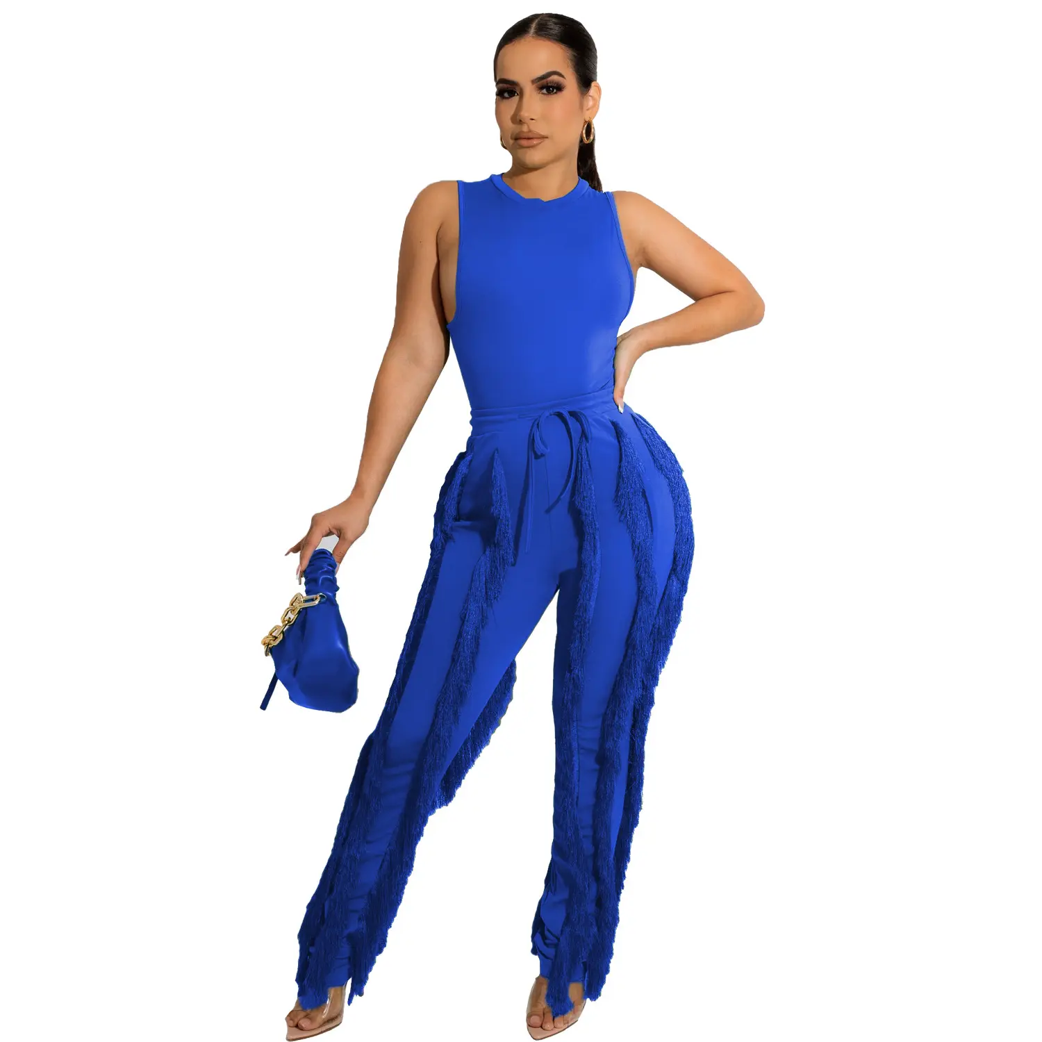 Saledress Outfits Two Piece Sleeveless Tops & Tassel Drawstring Pants For Women Fashion Lady Style Shake Fringe 2 piece Sets Party Clubwear