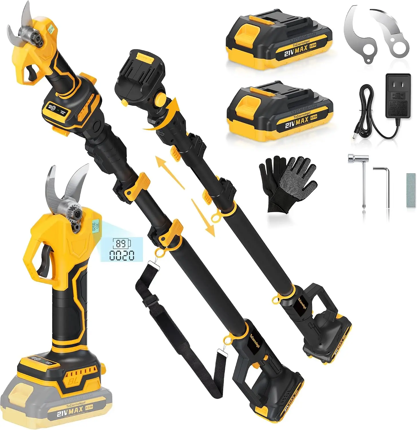 2-in-1 Cordless Pole Pruner, 2.2" Opening Electric Shears, 15FT Max Reach, Brushless Motor, LCD Display, SK5 Steel Blade, 2x2.0Ah Battery for High Branch Trimming, Tree Pruning & Garden Maintenance