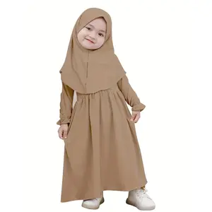 European and American Spring and Autumn Style Children's Solid Color Long Sleeve Muslim Skirt Middle East Ramadan Skirt + Headscarf Two-piece Children's Dress