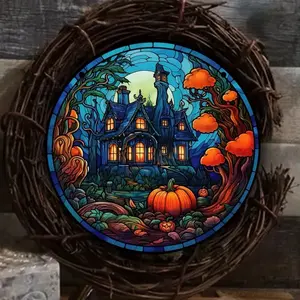 Halloween castle pumpkin suncatcher for indoor/outdoor plastic stained glass