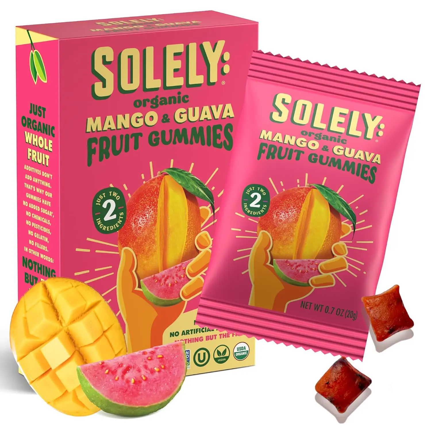 SOLELY - Organic Mango & Guava Whole Fruit Gummies Real Fresh Healthy Snacks for Adults Kids Non GMO, Vegan