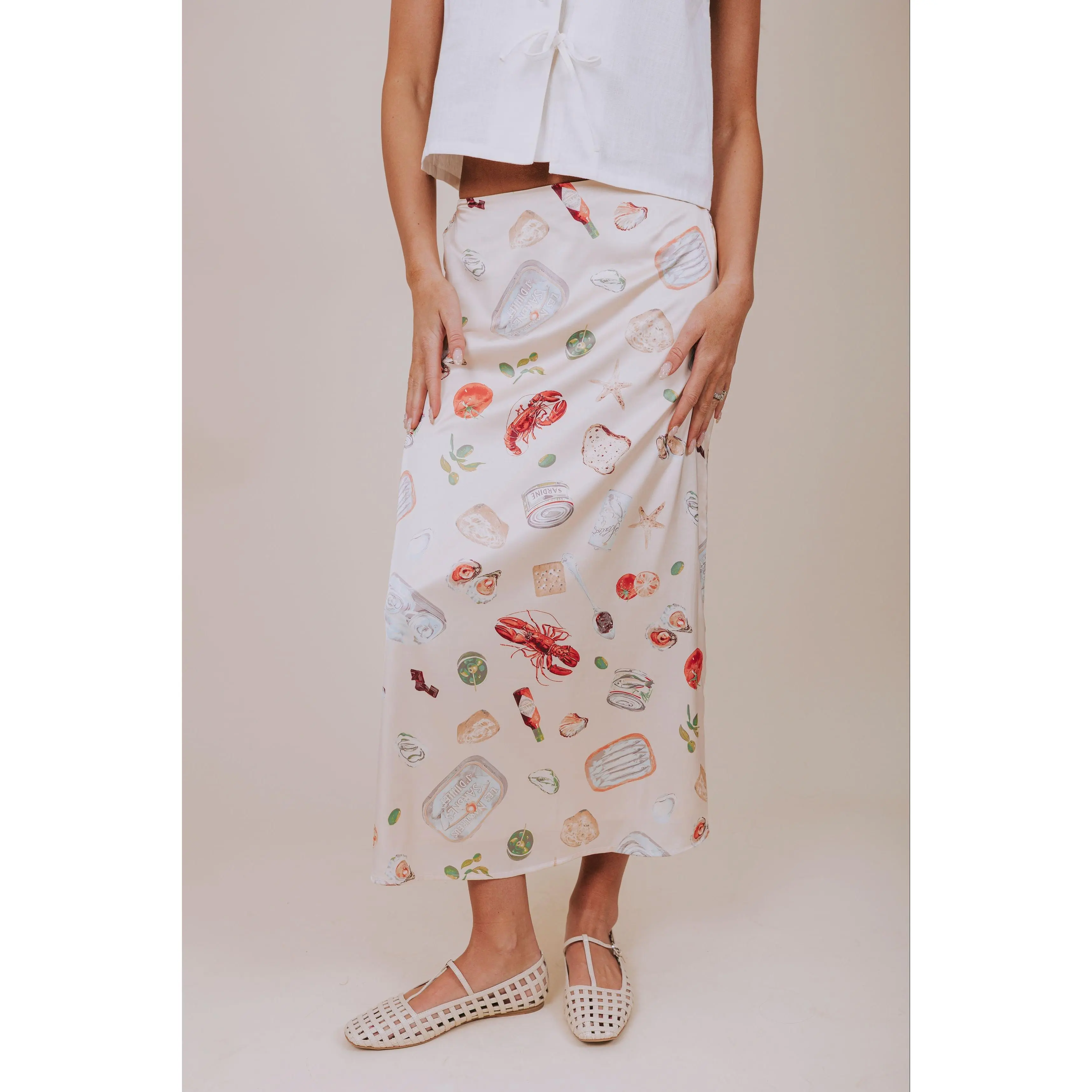 Coastal Women's Light Peach Satin Midi Skirt, Flat Front with Picnic Pattern and Elastic Waistband, Fully Lined, Bottom, Picnic Print, Mid-Length, Luxury Satin, Full Liner, Flexible Fit, Back Elastic, Hand Wash Only, Small/Medium/Large, Lobster Pattern