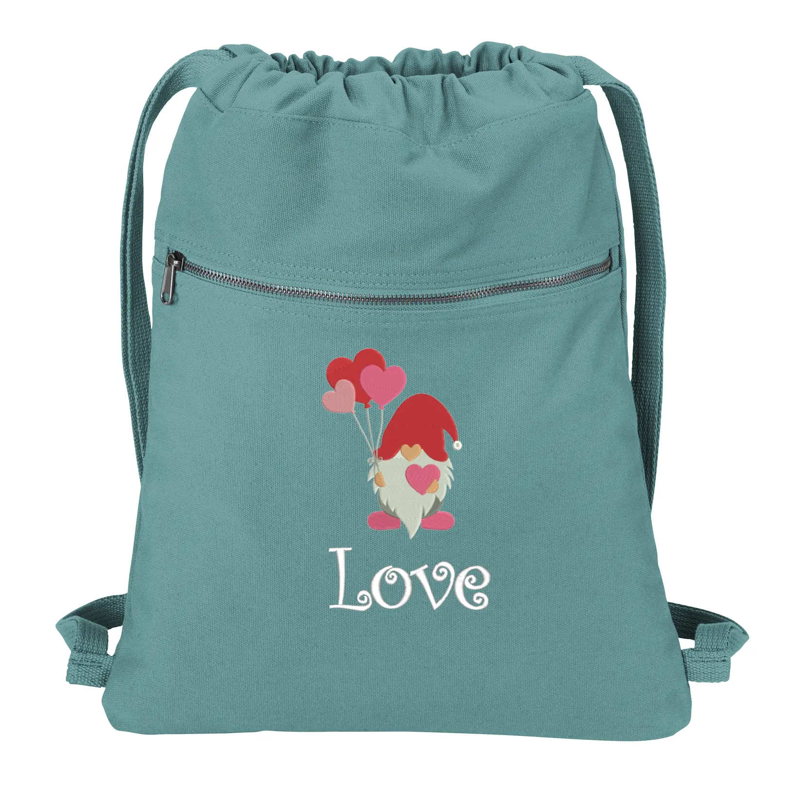 Valentines Beach Wash Cinch Pack with Gnome and Heart Balloons, Drawstring Gym Pool Backpack, Embroidered, Girlfriend Gift, Boyfriend Gift, Canvas