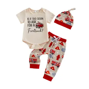 Baby Boy Summer Outfit Fire Truck Romper Short Sleeve Long Pants Knotted Hat 3 Piece Set Cute Firetruck Clothes Infant Toddler Casual Spring Summer Clothing Firefighter Theme Gift