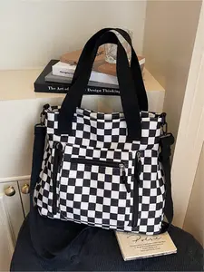 Large Capacity Women's Tote Bag, Geometric Pattern Tote, Colorblock Plaid Design, Simple Commuter Shoulder Bag, Multi-Pocket, Versatile and Stylish