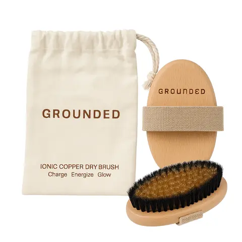 Grounded Labs Ionic Copper Wood Dry Brush - Premium Exfoliating Bathing Accessories for Skin Care, Lymphatic Drainage, Anti-Aging, Gentle Exfoliation & Enhanced Circulation, Eco-Friendly Cotton Storage Bag Included