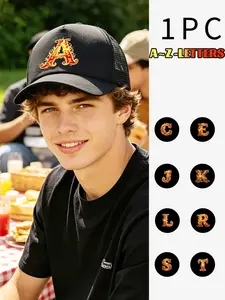 1PC universal men's and women's style flame letter print mesh trucker cap, with 26 letter options. A trendy, versatile, breathable sun-protective baseball cap suitable for daily commuting, outdoor outings, and street fashion styling in spring and summer