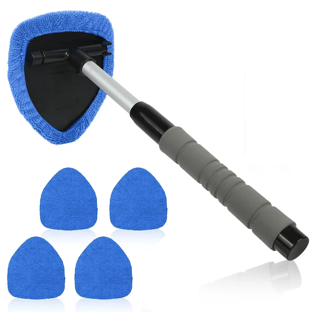 Microfiber Windshield Wiper Cleaner Tool with 4 Reusable Microfiber Pads, Extendable Long Handle, Car Cleaning Supplies, Car Accessories for Easy Fog & Moisture Removal - Automotive Cars Accessories