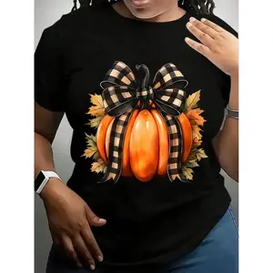 Women's Funny Thanksgiving Graphic T-Shirt - White,Black Crew Neck Tee With Pumpkin & Autumn Leaves Design - Non-Stretch Casual Shirt For Thanksgiving, Halloween, Easter, Mother's Day Gifts