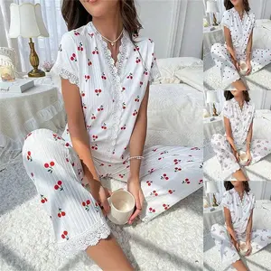 Women’s Cherry Print Lace Loungewear Set Soft Breathable Short Sleeve Top & Pants Cute Embroidered Sleepwear for Daily Home Travel & Casual Outfits Pajama Set Matching Womenswear