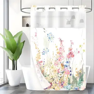 LVRLVR 1pc Watercolor Wildflower Floral Shower Curtain with Sheer Top Window, Detachable Liner & No Hook C-Ring, 70.8" x 74"