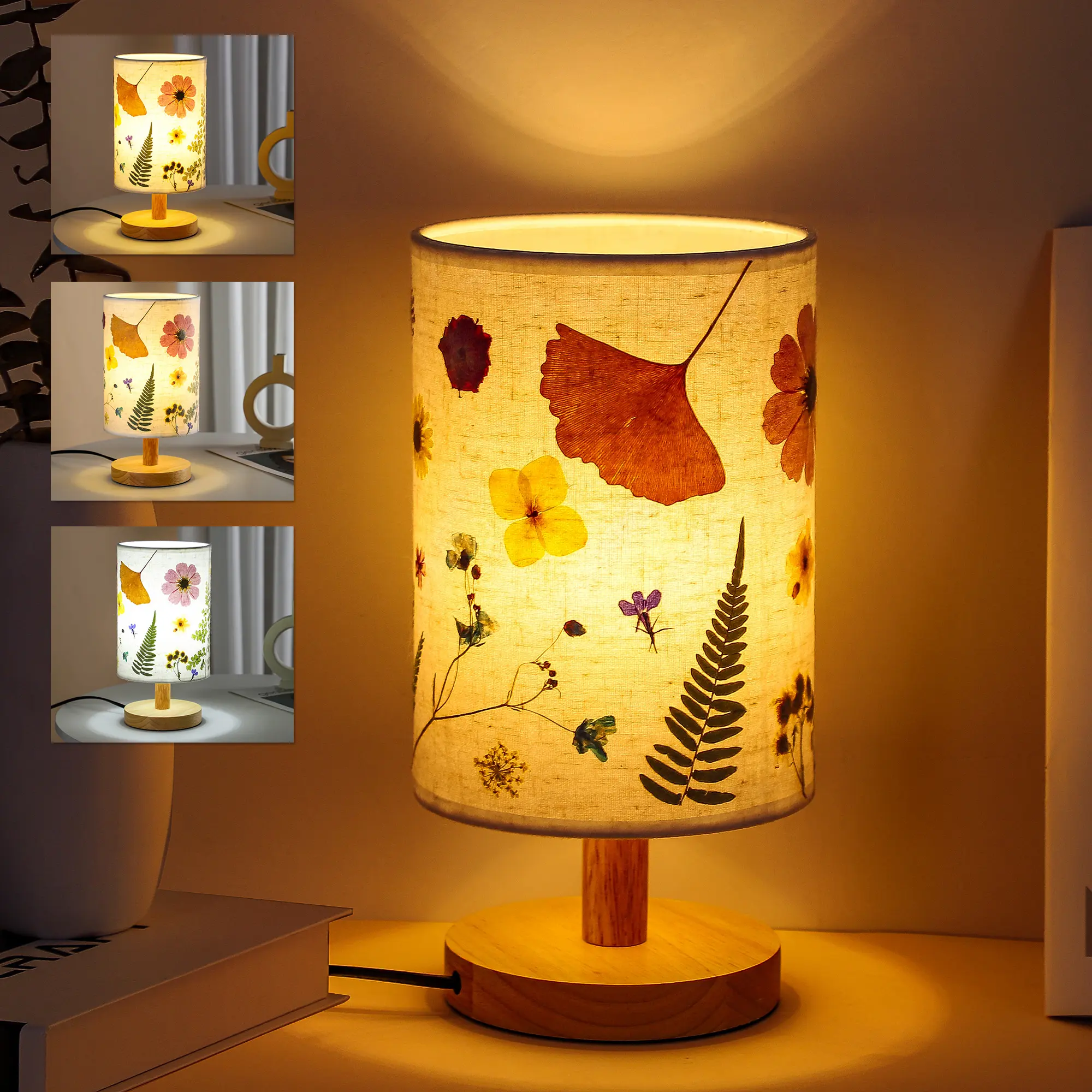 Shabby Chic Linen Fabric Table Lamp with Handcrafted Dried Flowers, 3-Color Modes LED Reading Light, Vintage Home Decor Night Light for Memorial Day Gifts for Mother