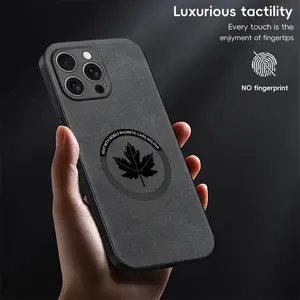 Luxury PU Leather Maple Leaf-Designed Durable Shockproof Smartphone Case, High-Quality Protector for iPhone 12-17 Pro Max & Plus, Magnetic Hold Car Holder Compatible Mobile Phone Accessory