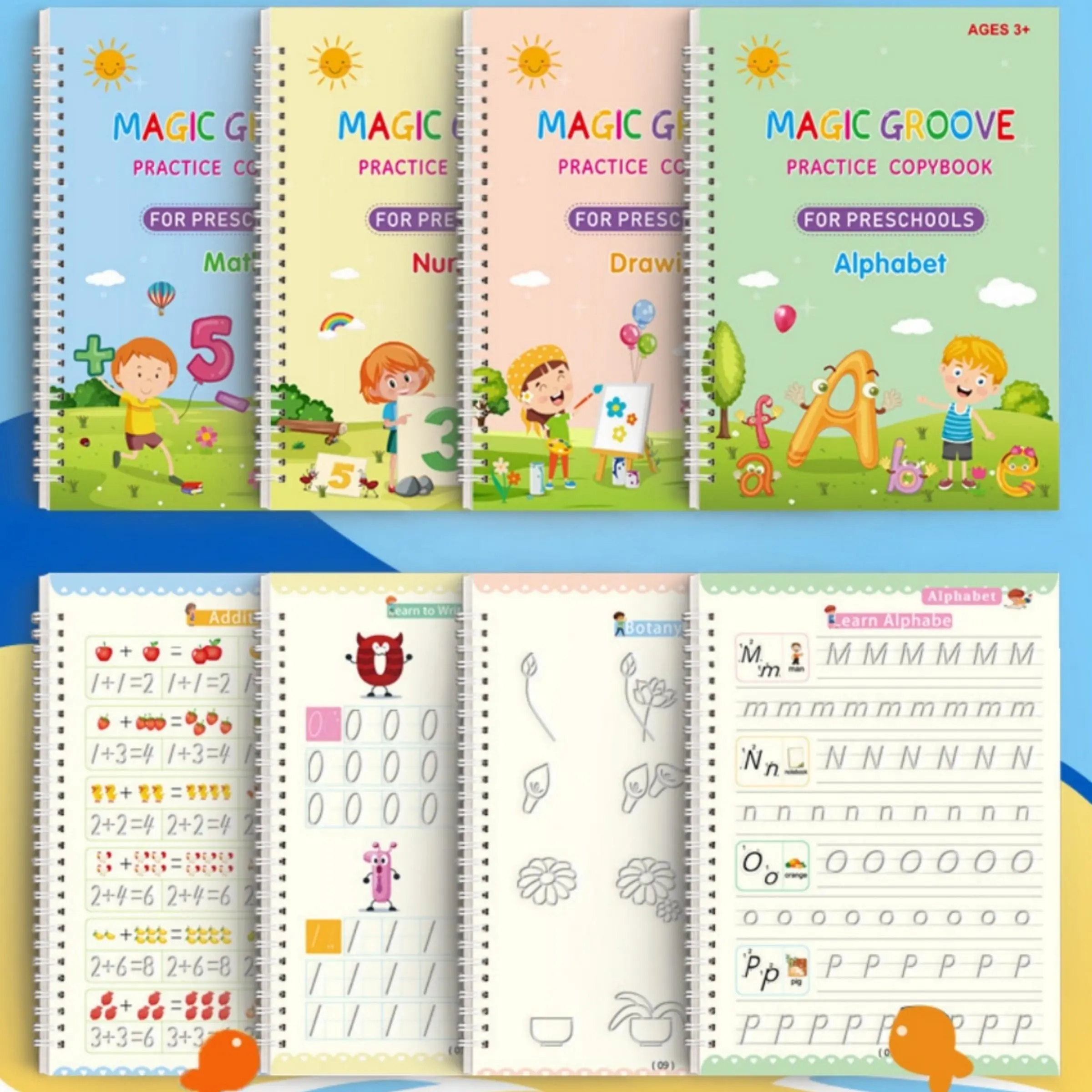4-Book Magic Practice Spelling Book Set, Reusable Tracing Preschool Workbooks for Numbers, Letters, Math & Drawing, Learning Materials and Classroom Teaching Supplies, Includes Pen and Pencil Grips, Perfect Gift for Kids