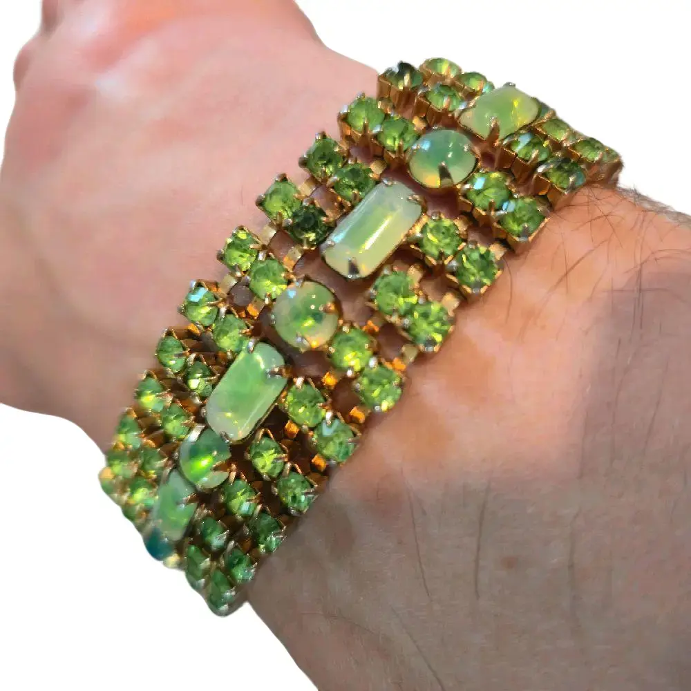 Vintage Green Bling Rhinestone Bracelet Gold Tone