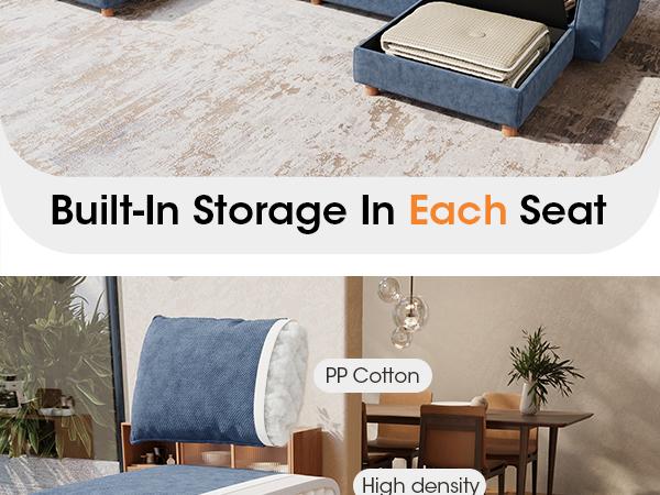 128" 6 Seat Modular Sectional Sofa with Storage, Sturdy Solid Wood Structure, Modular Sectional Sofa Cloud Couch Washable, Spacious Couches for Living Room, Apartment, Loft, Dark Blue