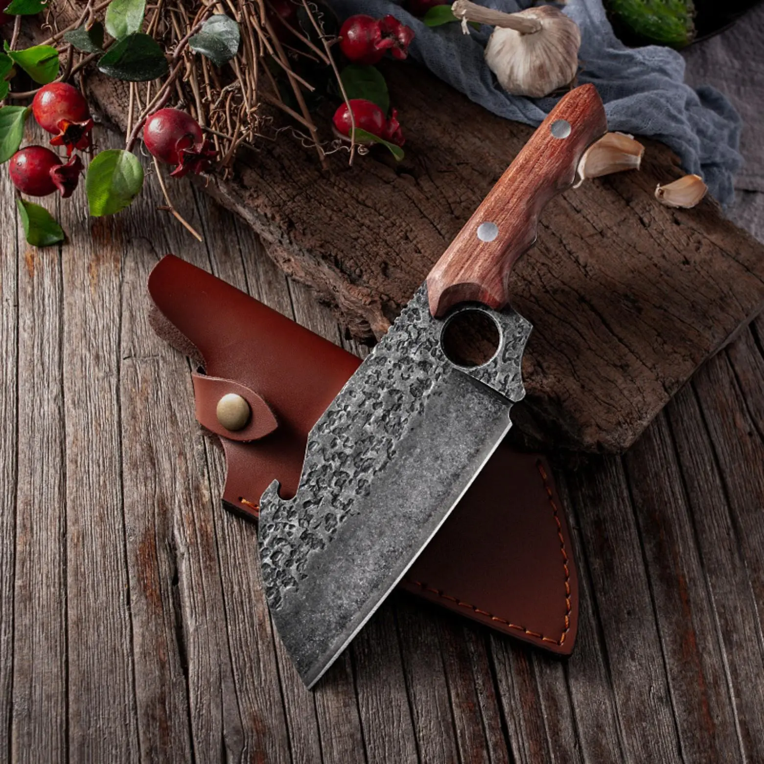 PM-Hand Forged High-Carbon Steel Multi-Functional Knife - 26.5cm Blade, Dual Straight/Curved Handle, Bottle-Opener, Leather Sheath for Outdoor Camping, BBQ