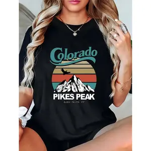 Women's Colorado Pikes Peak Retro Sunset Eagle Mountain Graphic T-Shirt Casual Outdoor Hiking Travel Daily Tee 100% Cotton T-shirt