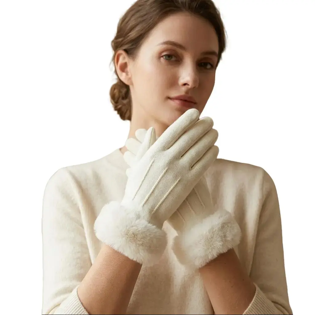 Women's Touchscreen Winter Gloves with Faux Fur Trim Cuffs, Warm Soft Fleece Lined Elegant Driving Gloves, Cozy Cold Weather Dress Gloves