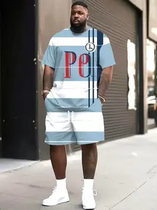 Men's Plus Size 3D Digital Print Casual/sport Set, Colorblock Striped Short Sleeve T-Shirt & Drawstring Shorts, Polyester Washable, Loose Fit, Clothes