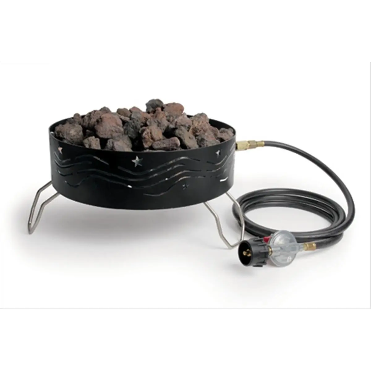 CAMCO 58041 Portable Propane Campfire, 65,000 BTU Outdoor Cooking Station with Heat-Radiating Decorative Lava Rocks, 14.5 in. Burner Ring and Folding Legs, Decorative Tray