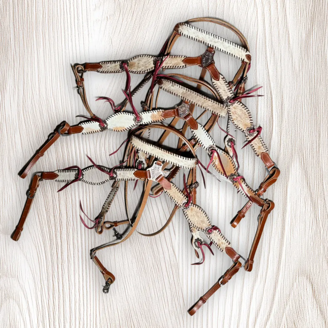 Tan and Cream Cowhide Tassel Whipstitch Tack Set
