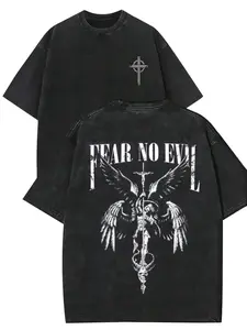 Retro Washed Black Oversized T-Shirt, Double-Sided "Fear No Evil" Angel & Cross Graphic Print Tee, Casual Crew Neck Short Sleeve Top, Streetwear Unisex Loose Fit T-Shirt for Men & Women, Dark Grunge Aesthetic