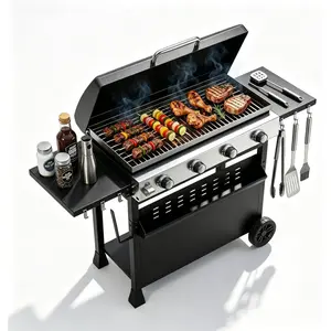 4-Disposable Propane Gas Grill for BBQ – 32,000 BTU, 389 Sq.In Flat Top, Removable Cart, Hood, Side Shelves, Tool Hooks, Portable Griddle for Outdoor Cooking, BBQ Camping, Backyard