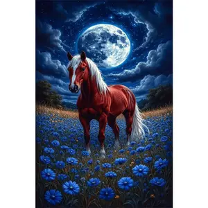 1PCS Horse Diamond Painting Kit Full Drill Round Rhinestone Embroidery Arts Craft Night Moon Garden Scene