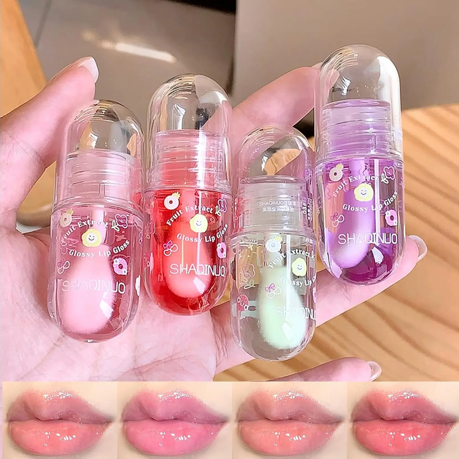 4 Pcs Lip Gloss Oil Set, Fruit Flavored Lip Gloss Set Cute Lip Jelly Hydrating Glossy Lipgloss Lip Make-Up for Women, Party Gift, Non-toxic, Glossy Lip Gloss