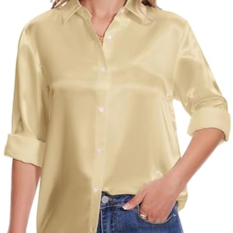 YAMANMAN  Loose Fit Casual v-neck Top Satin Blouse  Business Fashion Soft Breathable Summer Women's Loose Long Sleeve Collared Shirt