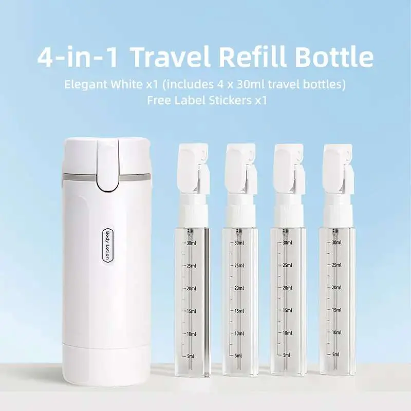 4-in-1 travel dispenser bottle, portable toiletry container for shampoo, lotion, and conditioner, compact cosmetic storage bottle with an easy-press design, refillable plastic pump bottles with smooth flow for travel, bathroom, hotel, and everyday use