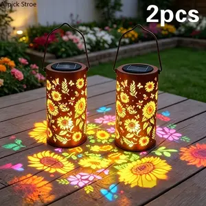2PCS Solar Sunflower Garden Lanterns, Waterproof Metal Butterfly Outdoor Lights, Decorative Hanging Solar Lanterns for Patio, Porch, Backyard and Lawn Decor, Warm LED Landscape Lighting, Charming Garden Gift for Mom, Grandma and Flower Lovers