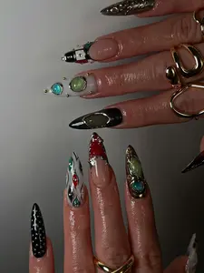 Futuristic Press On Nails, Luxury Gemstone 3D Nail Art with Metallic Chrome, Long Stiletto Y2k Fake Nails, Metallic Gemstone Chrome nails
