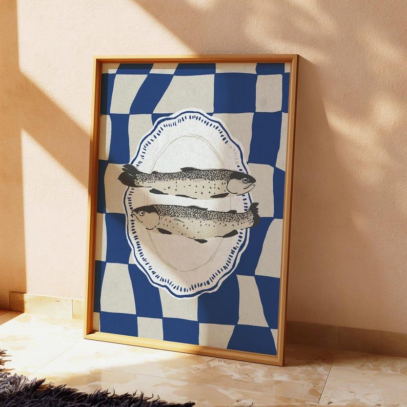 Sardines Poster, Blue Sardines Wall Art, Retro Sardines Print, Blue Checkered Print, Fish Kitchen Decor, Dining Room Decor, Retro Kitche
