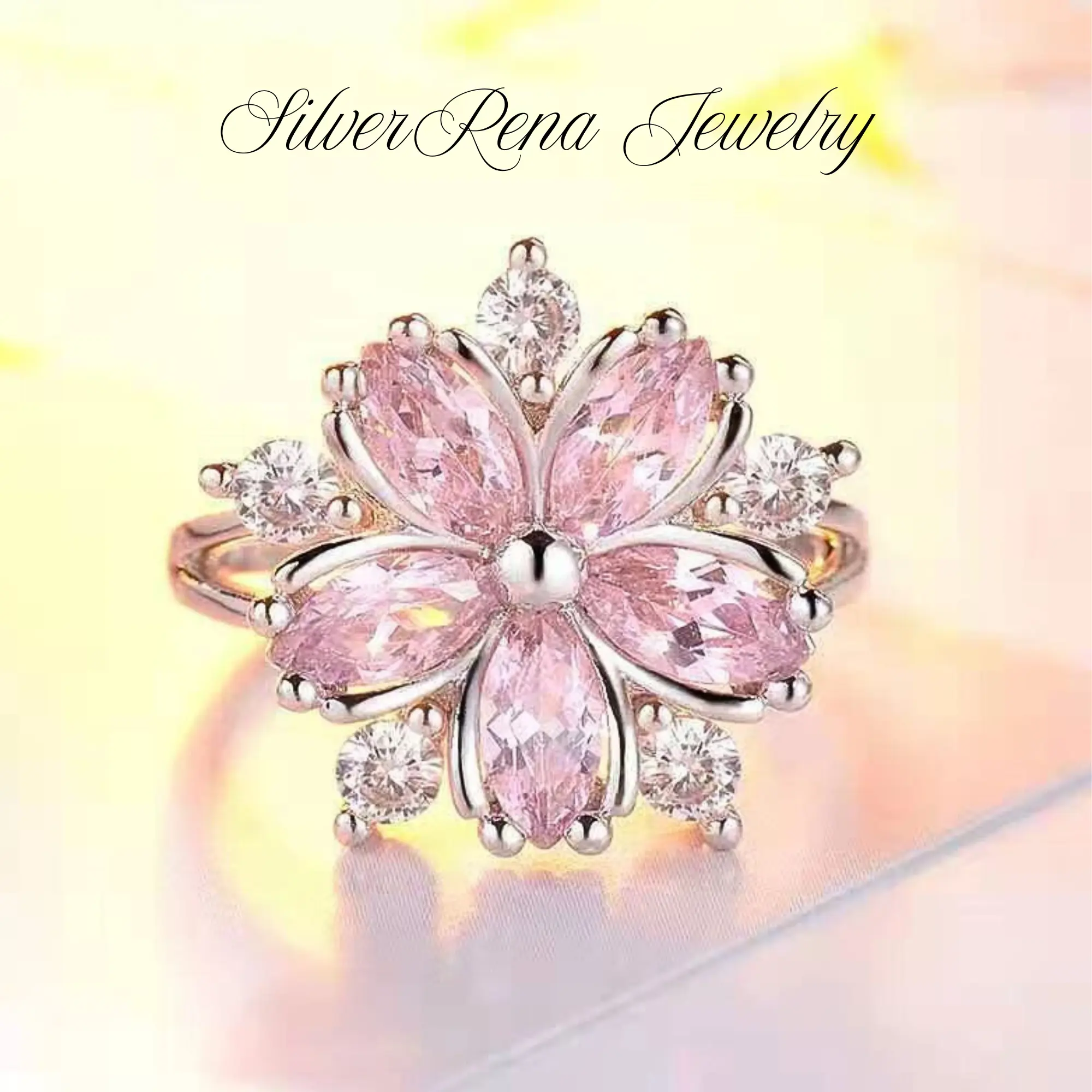S925 Cherry Blossom Ring Stylish Pink 5A Zircon Flower Ring, Romantic Plum Blossom Ring, Elegant and Cute Jewelry for Women, Birthday Valentine's Day Gift for Lover & Girls, Daily Wear and Party Jewelry