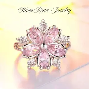 S925 Mother's Day Cherry Blossom Ring Stylish Pink 5A Zircon Flower Ring, Romantic Plum Blossom Ring, Elegant and Cute Jewelry for Women, Birthday Valentine's Day Gift for Lover & Girls, Daily Wear and Party Jewelry