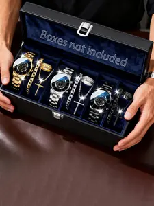 Men's Luxury Watch Set, 12pcs High-End Wristwatch & Matching Accessories, Watch And Jewelry Set, Cross Pendant Necklace, Cuban Link Chain, Perfect for Daily Wear, Parties, Valentine's Day, Christmas, Ideal Gift for Men