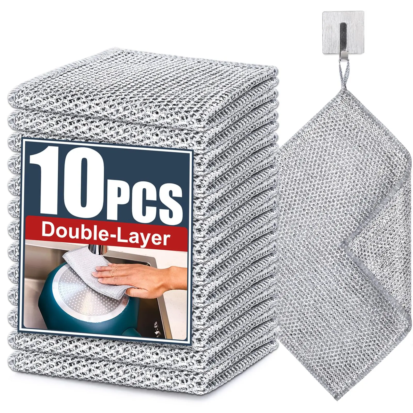 20-Pack & 10-Pack Optional Durable Double Layer Double-Sided Metal Silver Wire Cleaning Cloths, Precision Stitching, Scratch Resistant, Multifunctional Home Kitchen & Tableware Cleaning Cloths