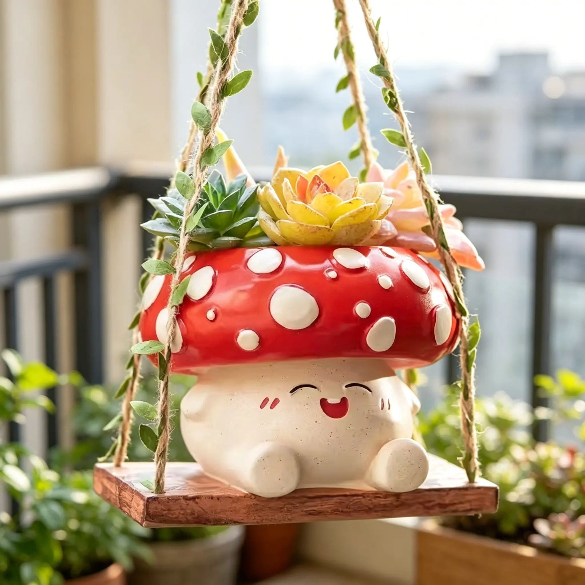 Mushroom resin flowerpot swing hanging multi-plant pot for home decoration, tabletop ornament, miniature landscape piece swan vase decor Swinging Planter Decorative Pot