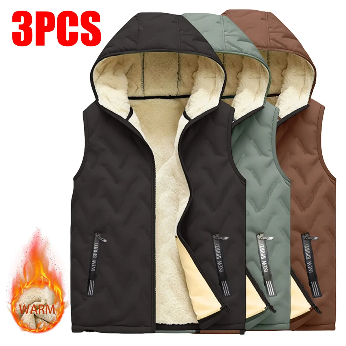 3-pack men’s warm vests for autumn/winter, featuring a hooded zip design, polyester fabric, fleece lining, suitable for everyday wear and leisure activities; menswear, men’s tops, men’s vests, autumn/winter apparel.