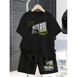Boys' Short Sleeve Set Summer 2026 New York Basketball Hoop Letter Print Kids T-Shirt And Shorts 2pcs Outfit, for Outdoor