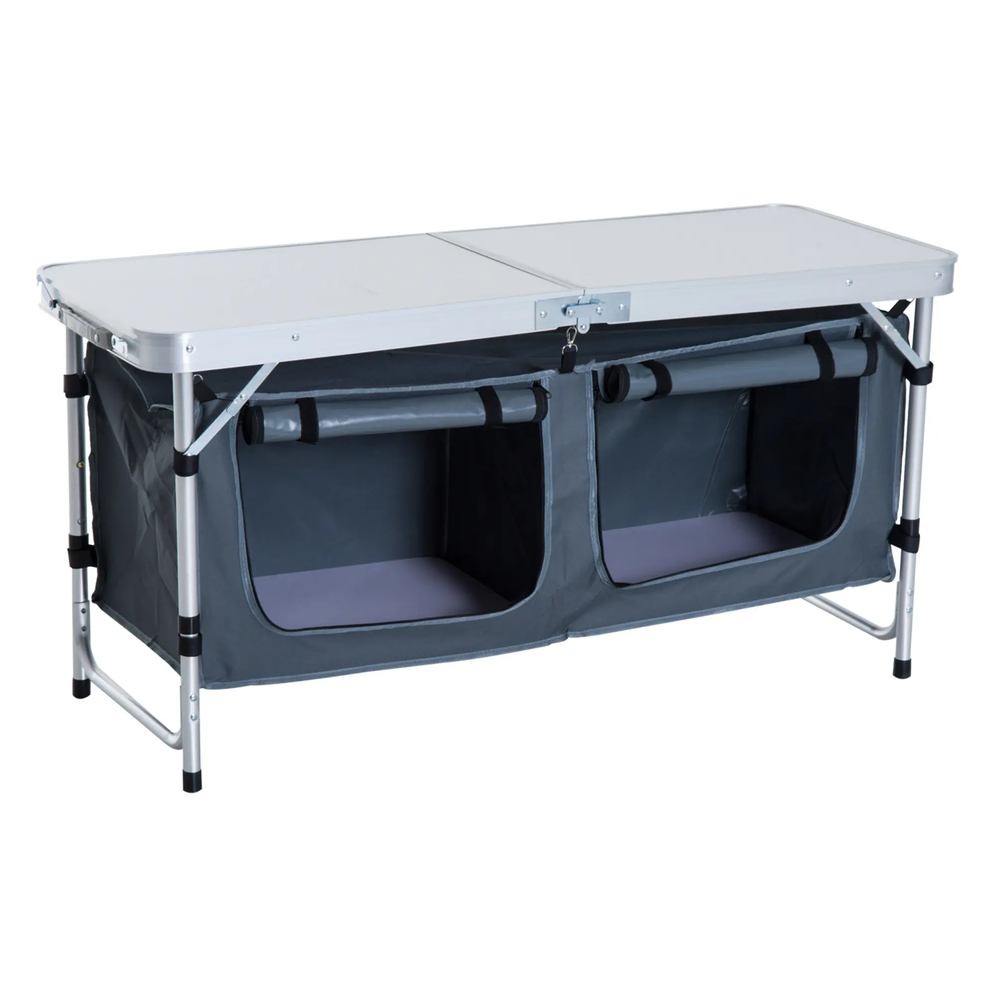 Outsunny 47" Aluminum Folding Camping Table, Adjustable Height Outdoor Picnic Table with Carrying Handle And Storage Organizer Cabinets