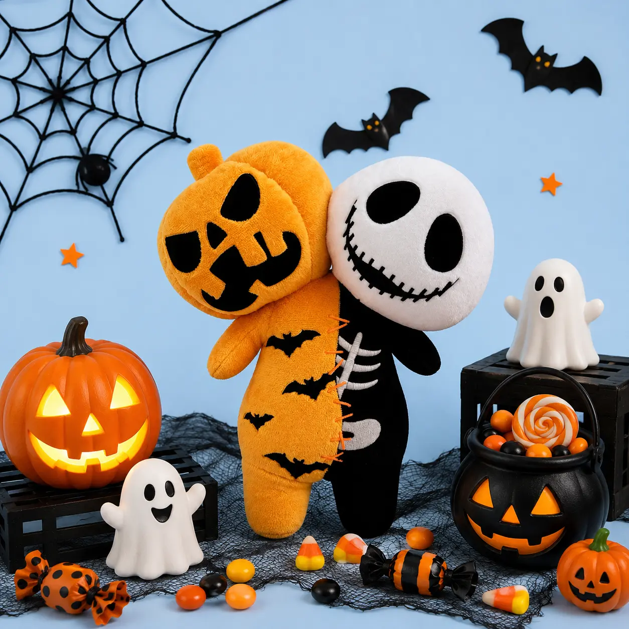 Halloween Plush Toy, Pumpkin Skeleton Plush, Jack-O'-Lantern Stuffed Doll, Soft Halloween Plush, Spooky Decor, Cute Plush Gift for Kids and Adults
