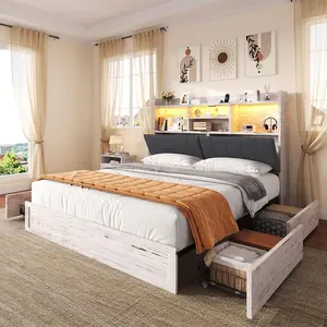 AMERLIFE Platform Bed with 4 Storage Drawers, LED Bed Frame with Bookcase Headboard, Linen Upholstered, Charging Station & Hidden Storage Area,Best Gift Ideas/Christmas Gifts