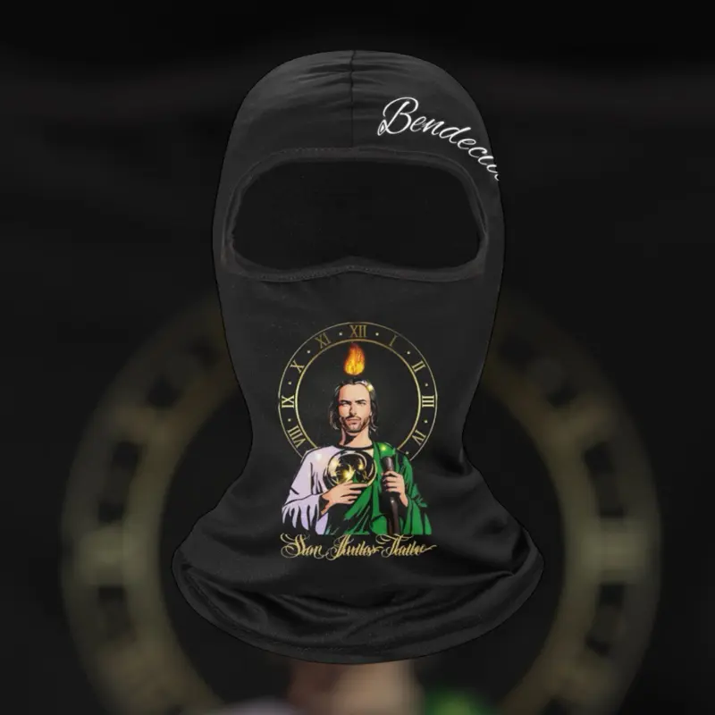CEJEWELRY Saint Jude Full Balaclava - Black Breathable Face Covering, Ski Mask with Unique Pattern & Text, Ideal for Off-Roading