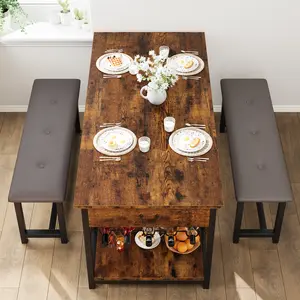 Dining Table and Bench Set for 4 with Storage, 3 Piece Kitchen Table with 2 Upholstered Benches & Wine Rack, Space-Saving