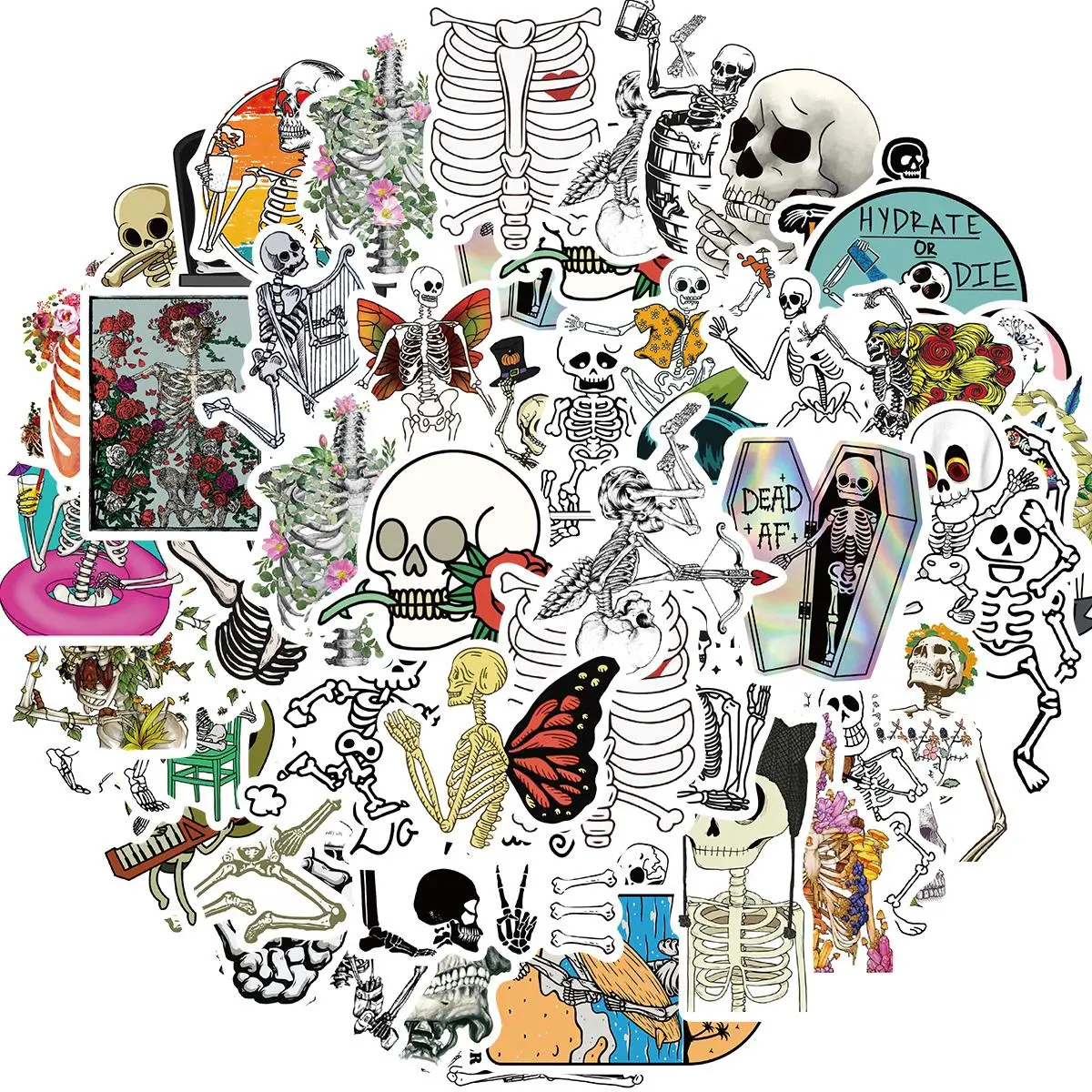 Skeleton Plant Art Sticker, 50pcs/set Vinyl Funny Skull Sticker, Decorative Sticker for Laptop, Water Bottle, Scrapbooking, Skateboard, Ornaments